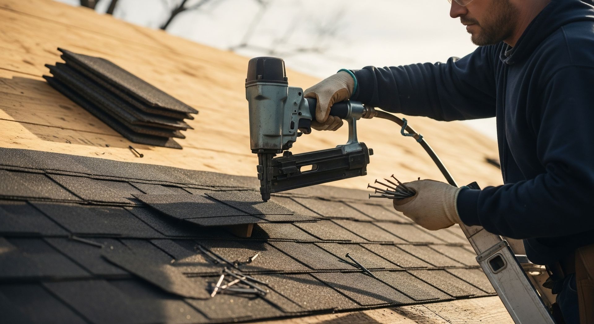 Worker installing asphalt roof shingles with nail gun during home roofing project. Worker installing asphalt roof shingles with nail gun during home roofing project.