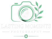 Mint green camera logo with leaves and the text &ldquo;Lasting Moments Photography&rdquo;