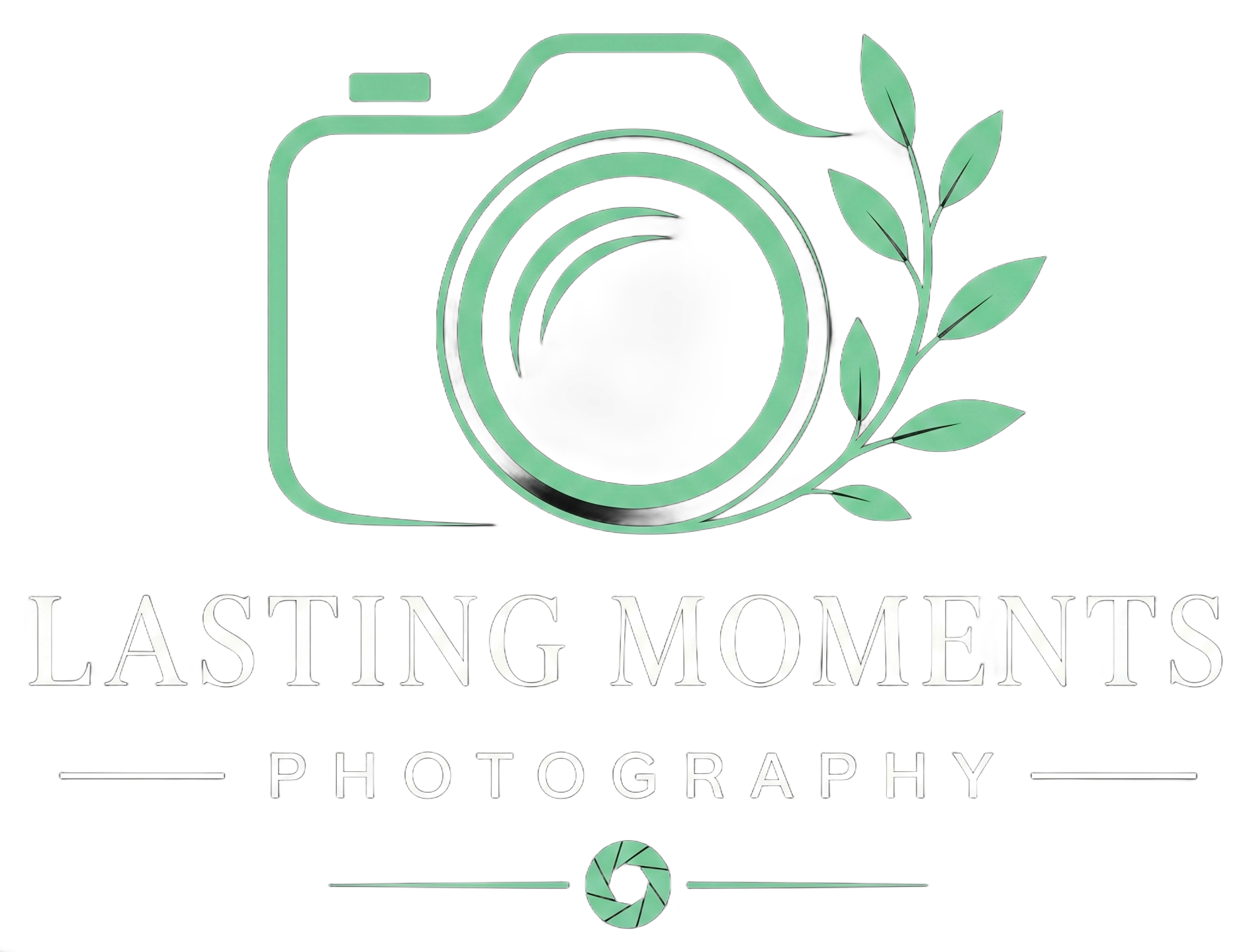 Mint green camera logo with leaves and the text &ldquo;Lasting Moments Photography&rdquo;
