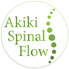 Akiki Spinal Flow logo in green text with a curved line of green dots inside a thin circle