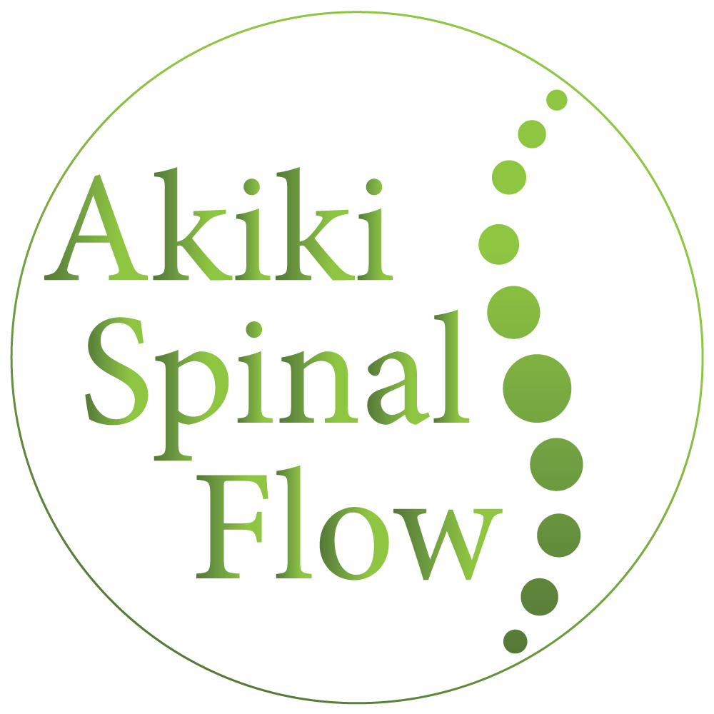 Akiki Spinal Flow logo in green text with a curved line of green dots inside a thin circle