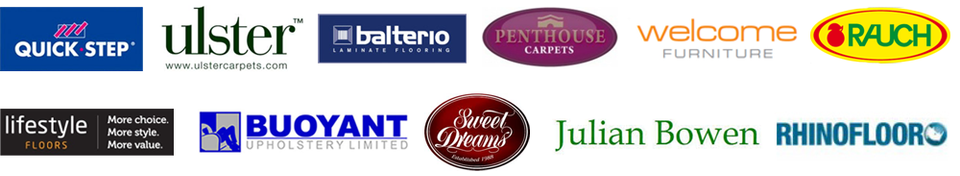 Logos of the companies we work with, such as Penthouse carpets, Julian Bowen, Rhinofloor, Buoyant, Ulster and more
