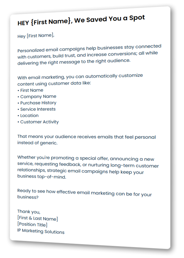 Email flyer about saving a spot, with a bullet list of benefits and a closing signature.