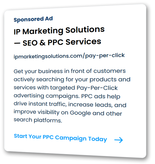 Sponsored ad for IP Marketing Solutions SEO & PPC services with blue call-to-action button