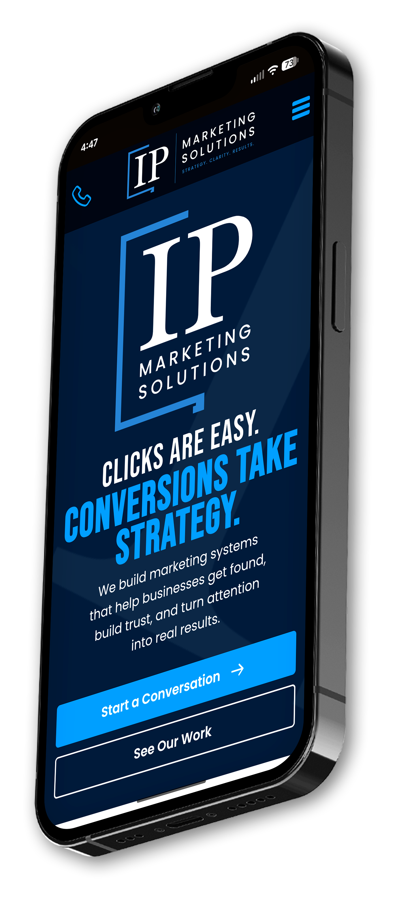 Black smartphone displaying a blue marketing ad with “Clicks are sales conversions” text.