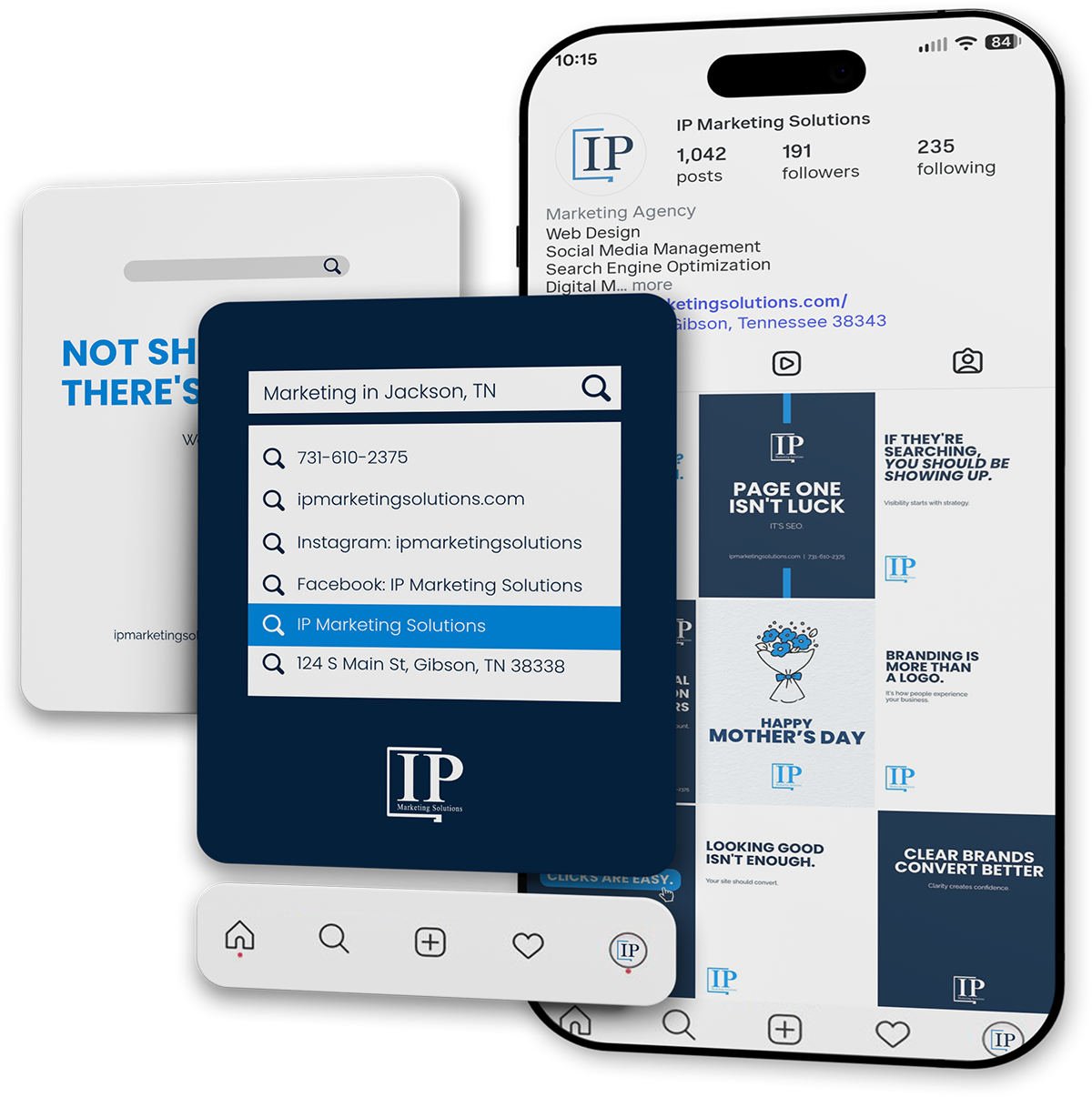 White app mockup with a blue search panel over a phone screen and blue brand tiles in the background