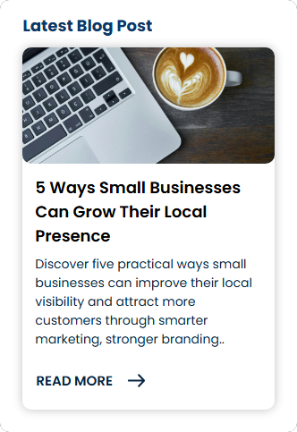 Blog card with laptop and coffee image, headline on local business growth, and “Read more” link