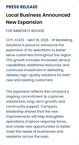 Press release titled “Local Business Announced New Expansion” with several paragraphs of text on a white page.