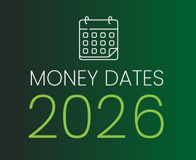 A calendar with the words money dates 2026 on it
