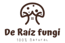 Logotipo con un icono de cara de árbol marrón y el texto “De Raiz fungi” encima de “100% natural”.
