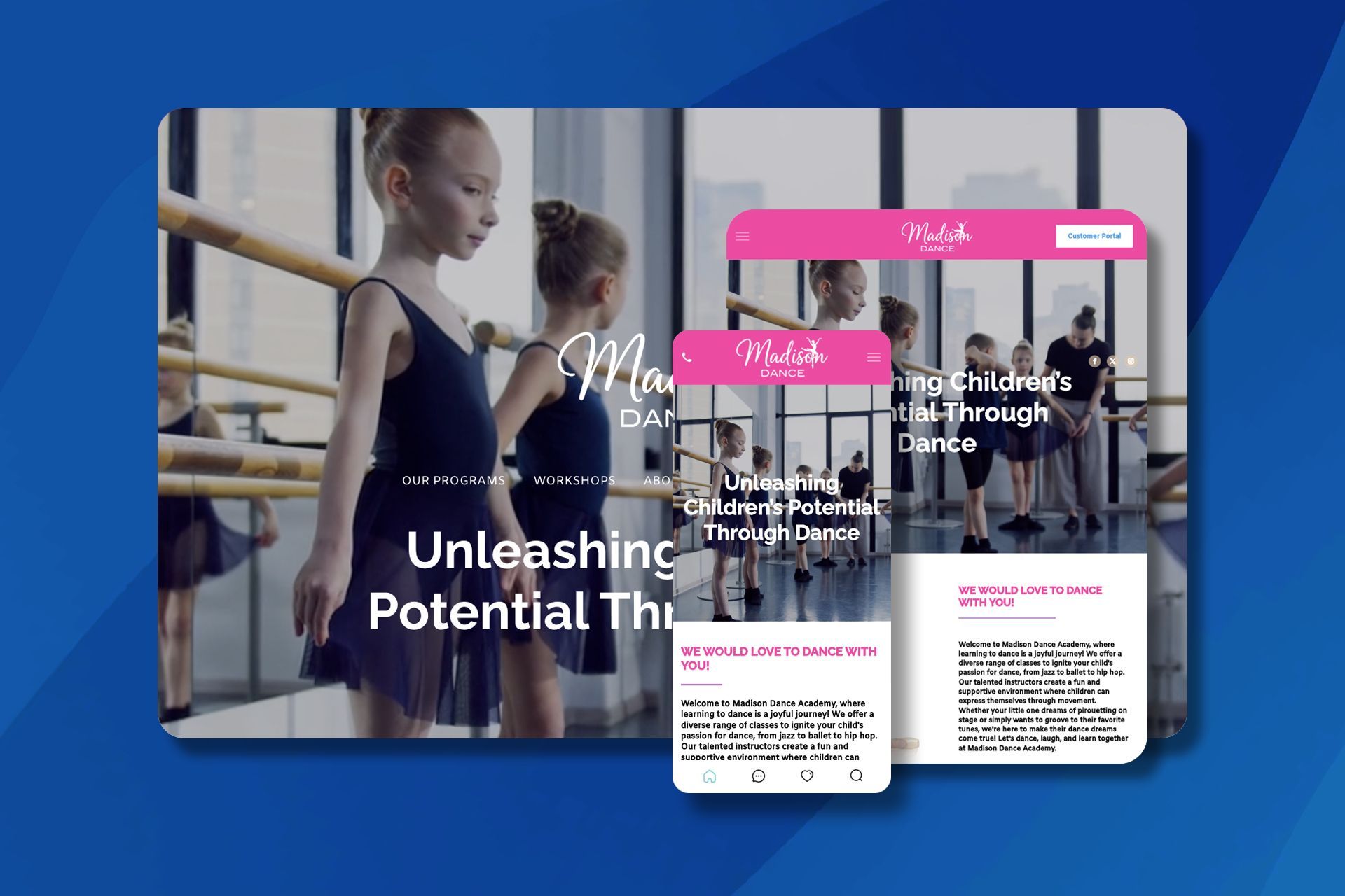 A screenshot of a dance academy website on a tablet and phone.