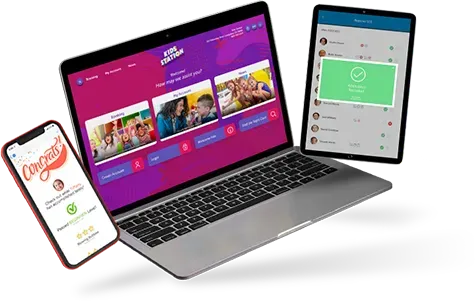 A laptop , tablet , and phone are sitting next to each other on a table.