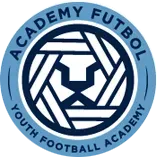 A white logo in a purple circle on a white background.