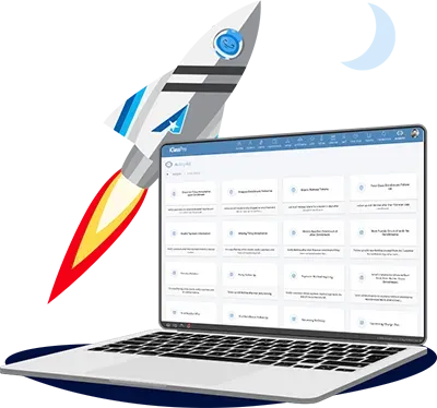 Laptop with a software interface, rocket taking off.