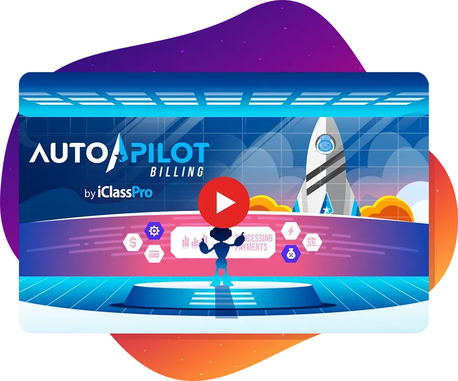 Animated graphic promoting Auto Pilot Billing by iClassPro, featuring a rocket and a robot.