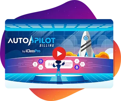 Animated graphic promoting Auto Pilot Billing by iClassPro, featuring a rocket and a robot.