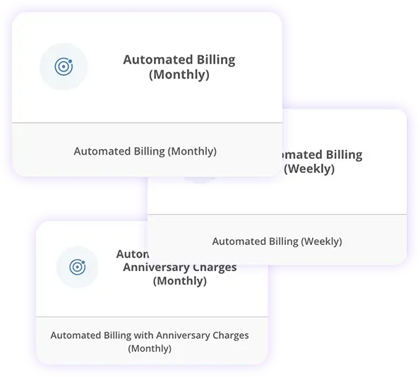 Cards showing options for automated billing: monthly, weekly, and with anniversary charges.
