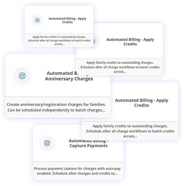 Cards showing options for automated billing: monthly, weekly, and with anniversary charges.