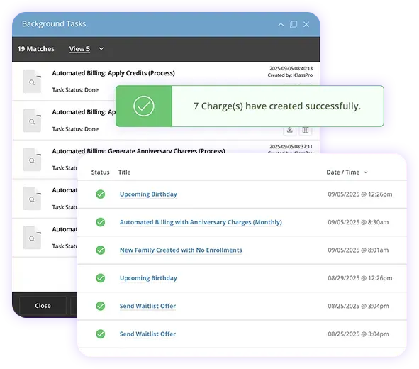 Screenshot of background tools showing successful automated billing process and task history.