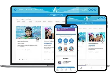 A laptop , tablet , and cell phone displaying a swimming app.