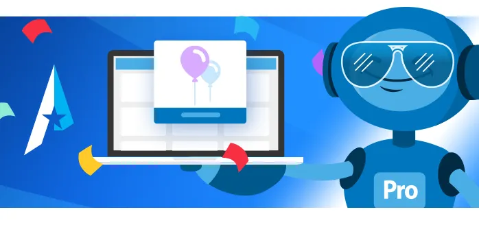 A blue robot is holding a laptop with balloons on it.
