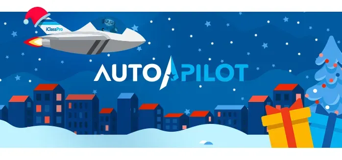 A rocket is flying over a city with christmas trees and gifts.