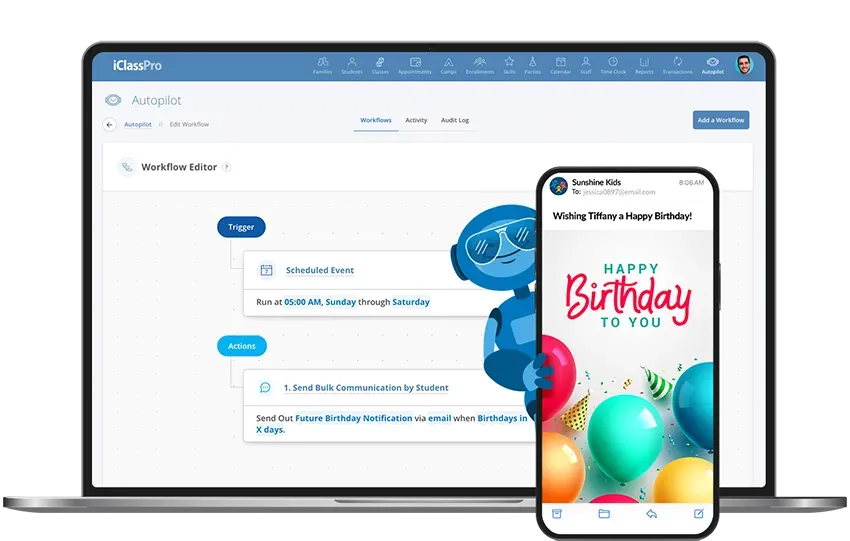 A laptop and a cell phone with a birthday card on it.