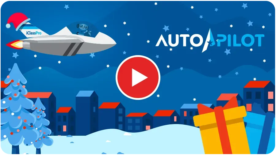 A cartoon of a plane flying over a snowy city with a play button.