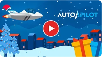 A cartoon of a plane flying over a snowy city with a play button.