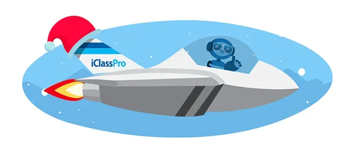 A cartoon illustration of iClassPro Probot wearing a santa hat