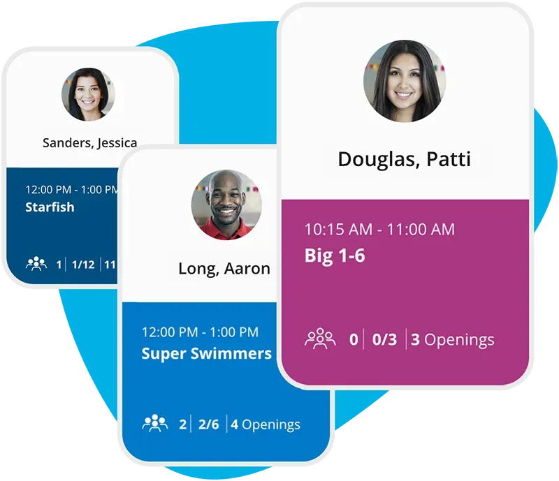 Cards with instructor portraits and swim class details