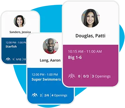 Cards with instructor portraits and swim class details