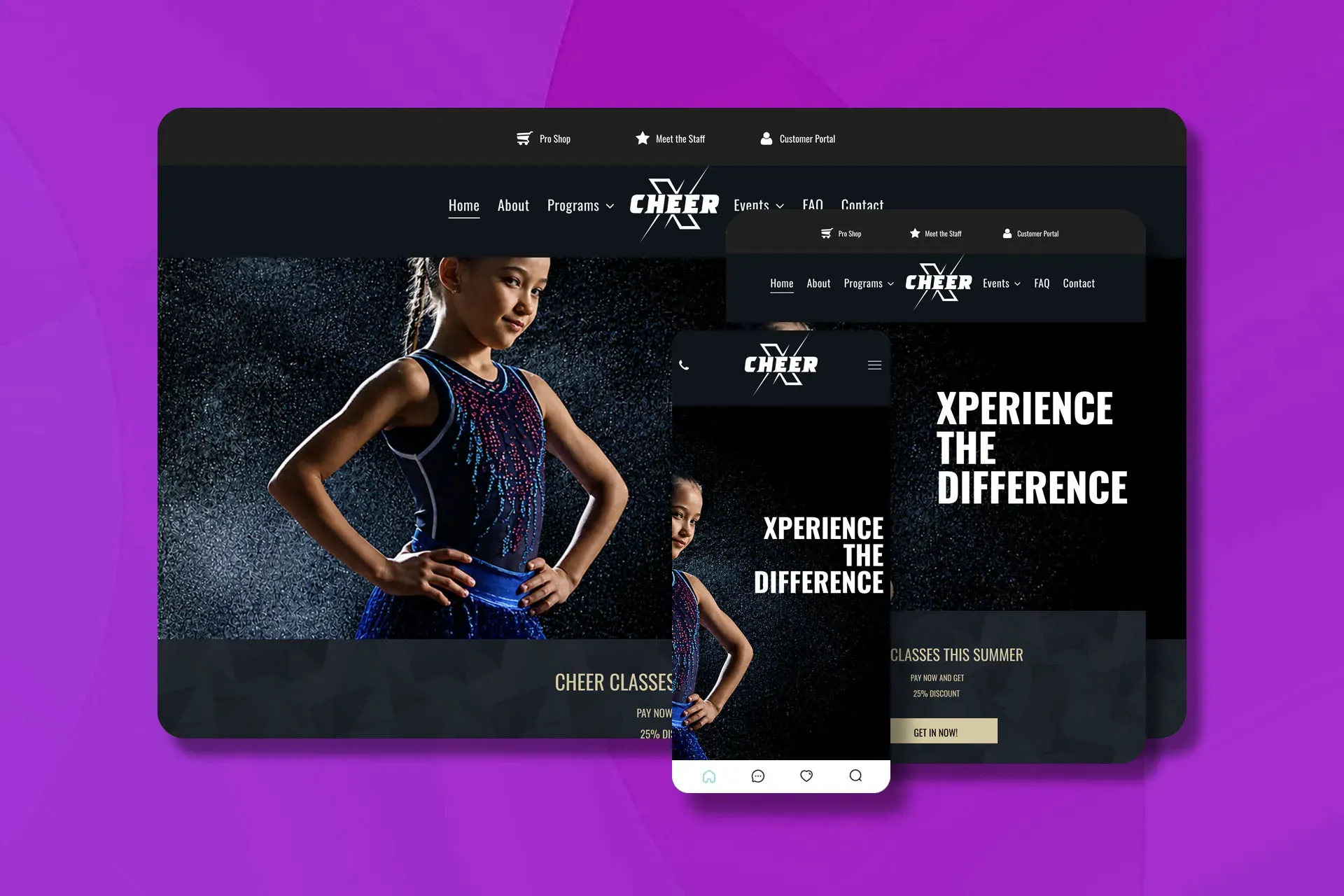 A website for a cheer center is displayed on a tablet and phone.