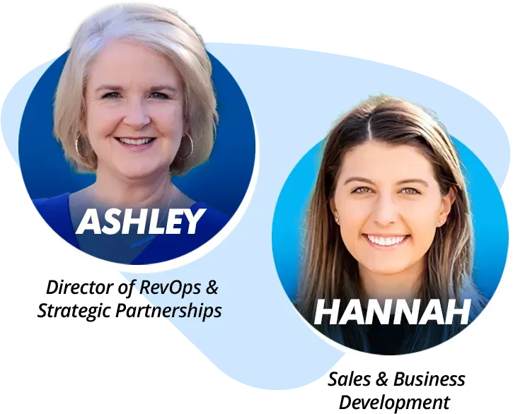 Four smiling headshots in blue circular frames on a light blue background