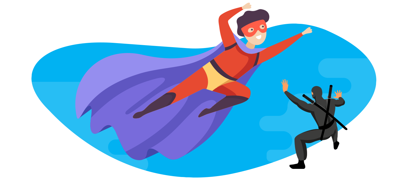 A superhero is flying over a ninja.