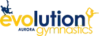 The logo for evolution aurora gymnastics is blue and yellow.