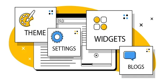 A cartoon illustration of a theme , widgets , settings , and blogs.