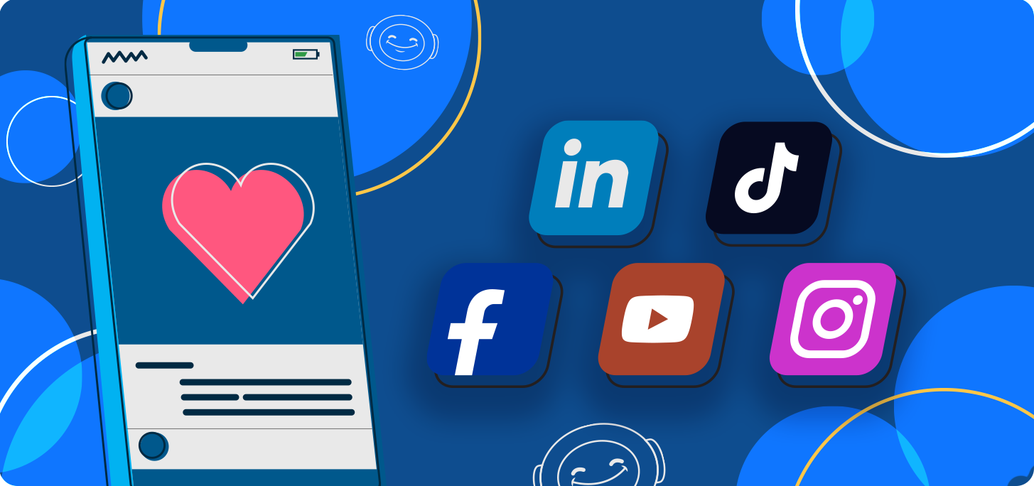 Smartphone screen with a heart icon and social media icons including LinkedIn, TikTok, Facebook, YouTube, and Instagram.