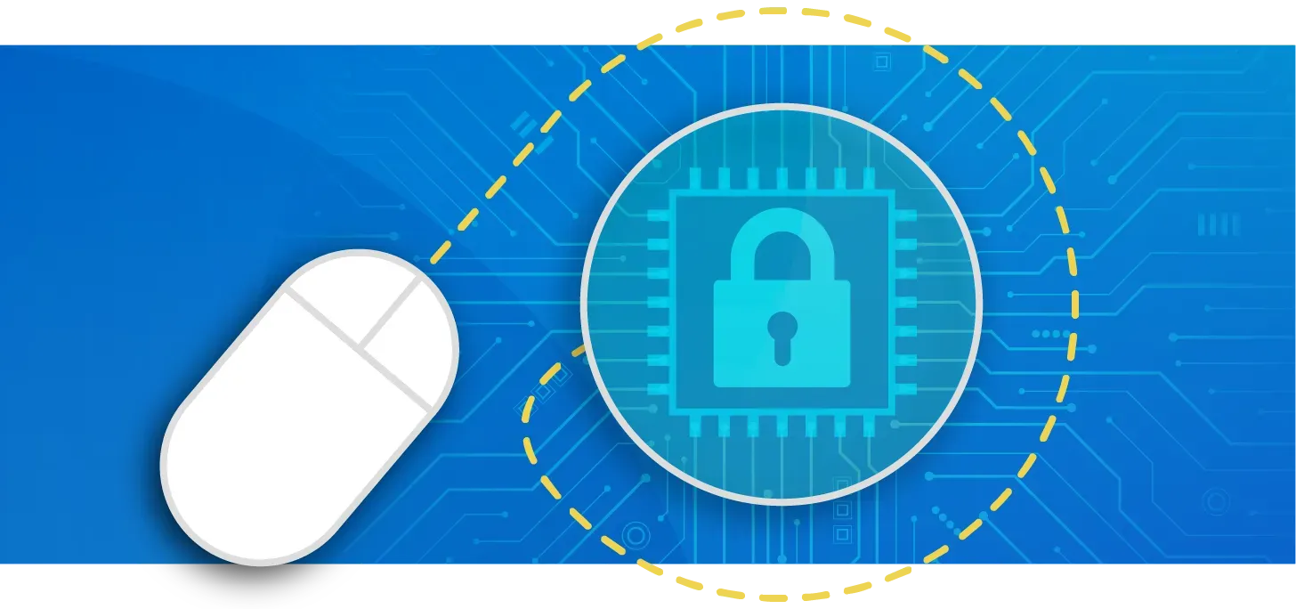 A computer mouse is sitting next to a padlock on a blue background.
