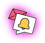 Pink envelope and notification bubble with a gold bell, both with a pink glowing aura.