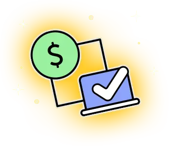 Green dollar sign connected to a computer with a checkmark, all with a yellow glow.