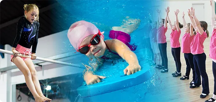 A collage shows a girl on a bar, in a pool with goggles, and in a group with arms raised.