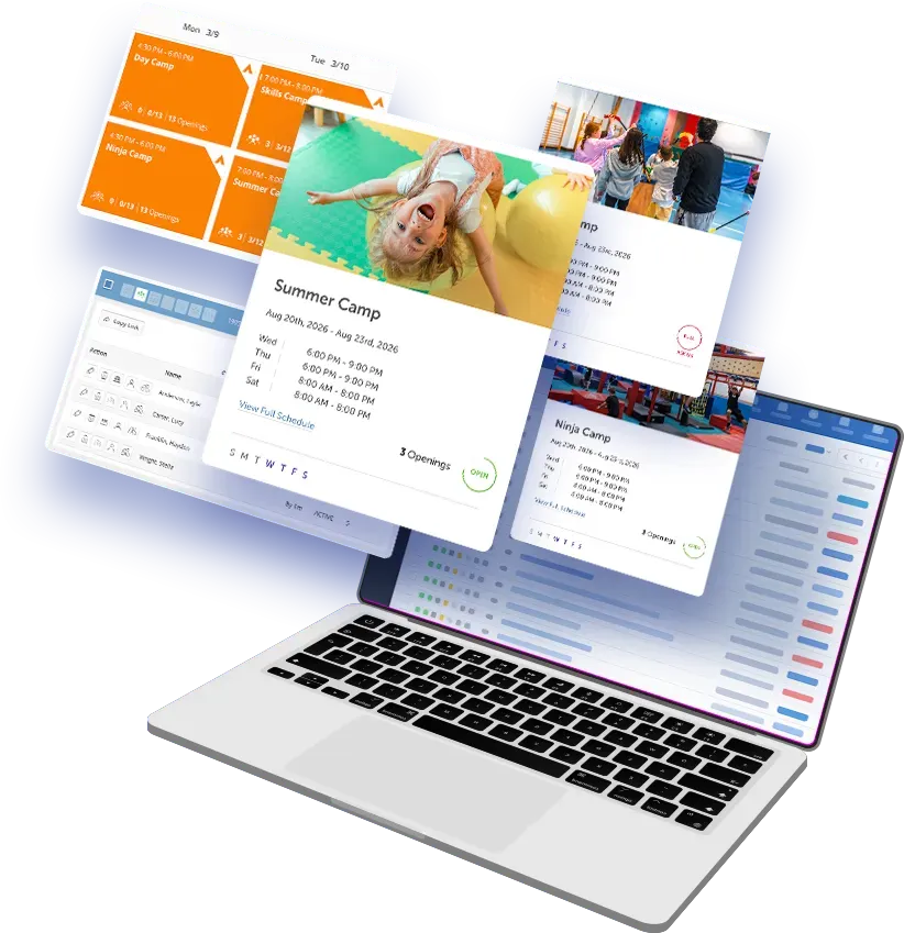 A laptop displays a digital dashboard with floating windows showing scheduling, activity cards, and event calendars.