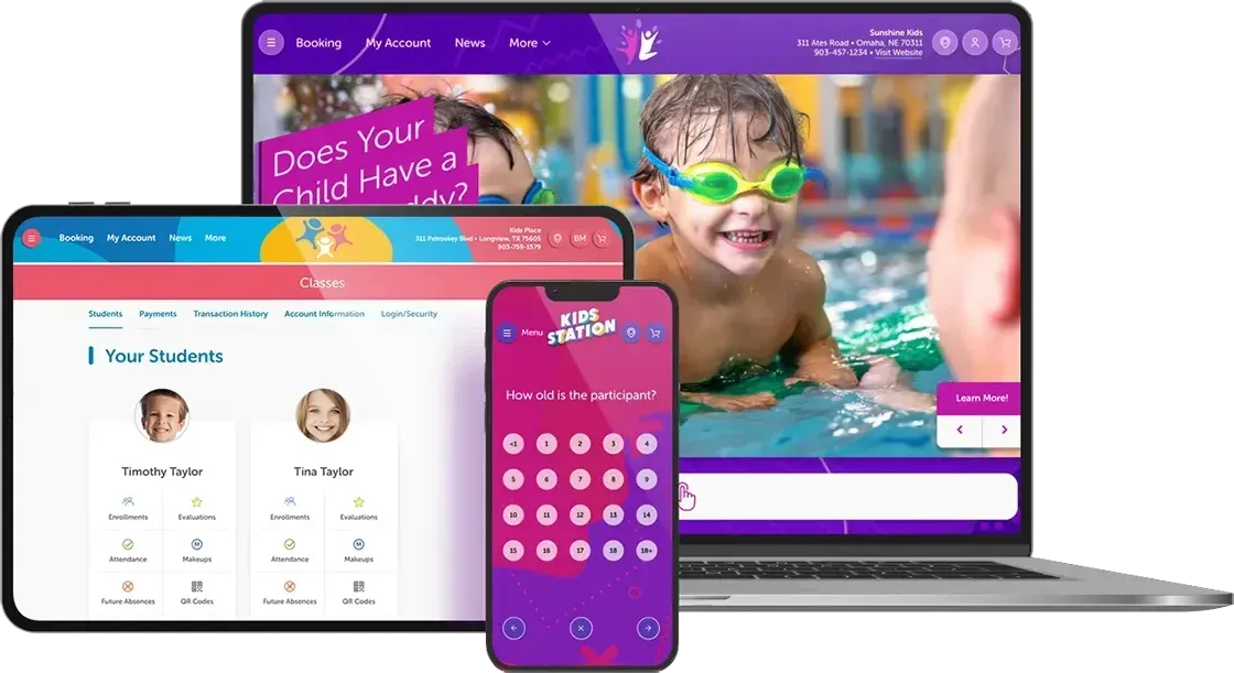 Website displaying on laptop, tablet, and smartphone. Bright interface with swimming pool theme, child in goggles.