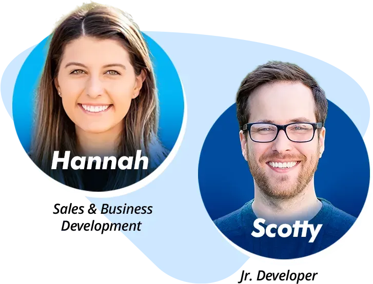Two profile photos on a light blue graphic: