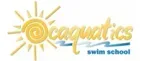 A logo for acquatics swim school with a sun and waves