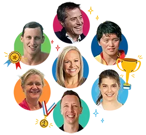 A group of people in circles with medals and trophies around them