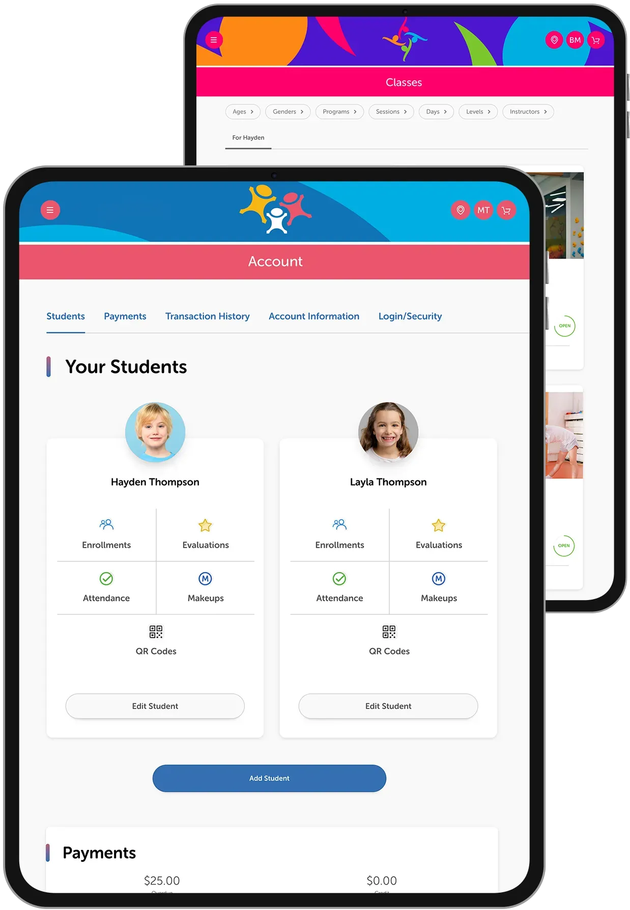 Two mobile devices displaying a children's app interface. Features student profiles, a pink and blue color scheme.