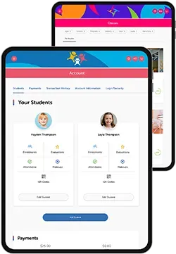 Two mobile devices displaying a children's app interface. Features student profiles, a pink and blue color scheme.