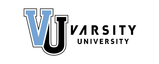 The logo for vj varsity university is blue and black